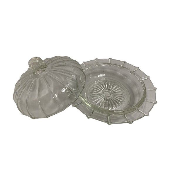 Vintage Clear Glass Round Panel Dome Lid Butter Cheese Dish starburst base - Picture 2 of 7